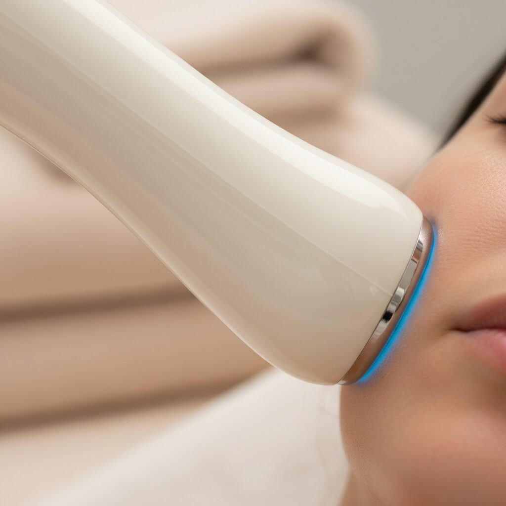 Nahaufnahme eines Kaltplasma-Geräts, das sanft über die Haut einer Patientin geführt wird