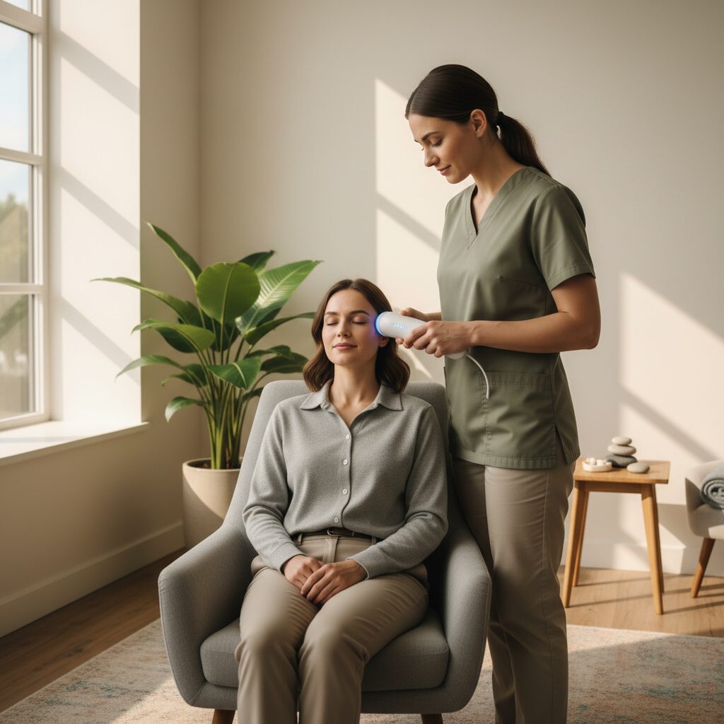 Ein geschulter Therapeut, der eine Kaltplasma-Anwendung professionell und sicher durchführt