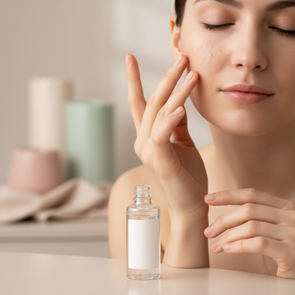 Eine Frau trägt nach der Kaltplasma-Behandlung ein Serum auf ihr Gesicht auf, um die verbesserte Wirkstoffaufnahme zu demonstrieren.