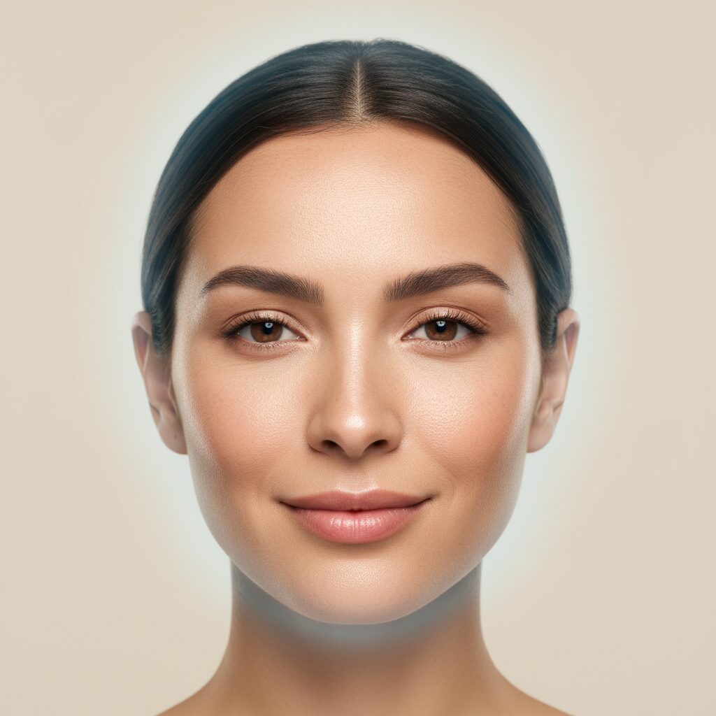 Nahaufnahme einer strahlenden Frau mit gesunder Haut, umgeben von einem sanften, blauen Kaltplasma-Leuchten, das die fortschrittliche Hautpflege-Technologie symbolisiert.