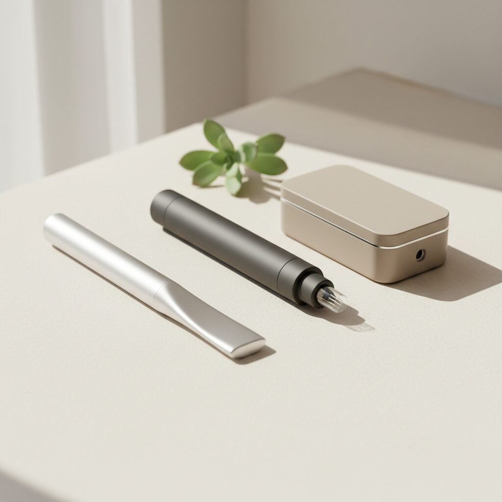 Grafische Darstellung, die Kaltplasma-Geräte mit Microneedling-Pens und Lasergeräten vergleicht, um die Unterschiede in der Technologie und Anwendung hervorzuheben.