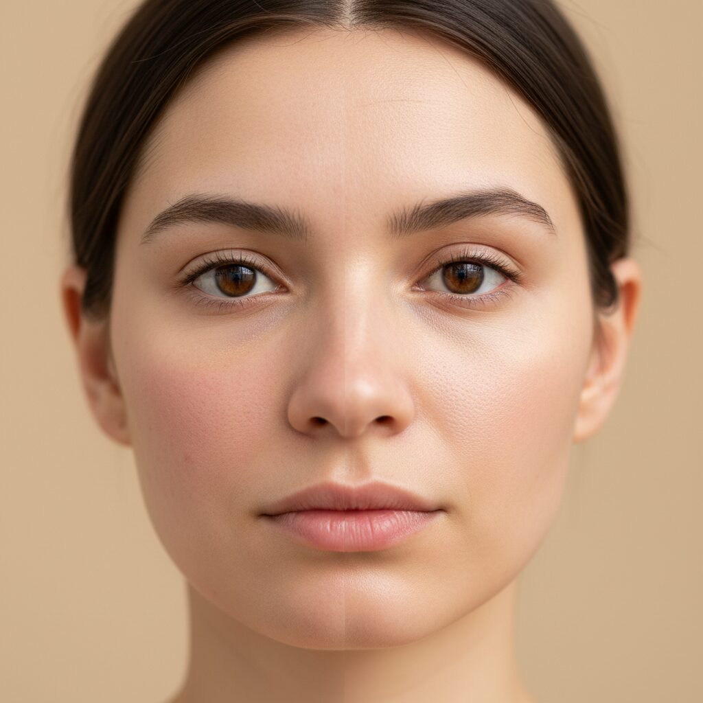Vorher-Nachher-Bilder eines Gesichts, die die sichtbaren Verbesserungen bei Akne, Rötungen und feinen Linien nach einer Kaltplasma-Behandlung zeigen.