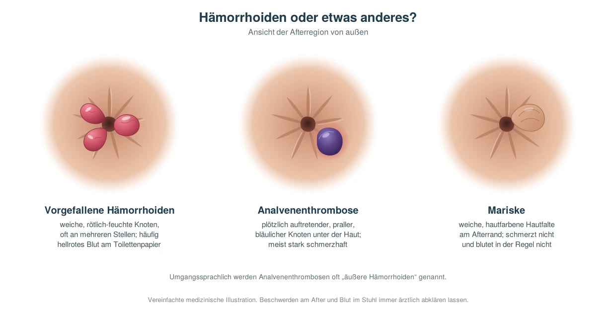 Vorgefallene Hämorrhoiden, Analvenenthrombose und Mariske im Vergleich: so sehen sie von außen aus